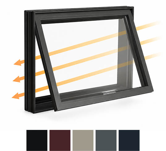 Black framed replacement window tilted open to demonstrate increased glass surface area and improved natural light flow into a home. Orange arrows illustrate sunlight passing through the larger window opening, with multiple exterior frame color options displayed below.