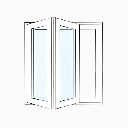 Line drawing of a folding replacement window system with two panels opening outward from the center to create a wide unobstructed opening. The illustration highlights the modern bifold window design often used to improve airflow and indoor outdoor connection.