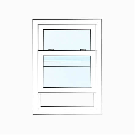 Line drawing of a single hung replacement window with a fixed upper sash and movable lower sash in a traditional white frame design. The simple vertical sliding window style is commonly used in residential window replacement for ventilation and energy efficiency.