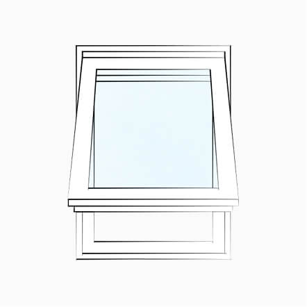 Line drawing of an awning replacement window with a top hinged sash that opens outward from the bottom for ventilation and weather protection. The compact window design allows fresh air into the home while helping block rain during light weather conditions.