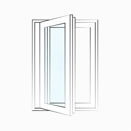 Line drawing of a casement replacement window with a side hinged sash that opens outward for maximum ventilation and unobstructed views. The clean window design is commonly used in modern homes for improved airflow and energy efficiency.