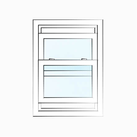 Simple diagram of a double hung replacement window with two vertically sliding sashes and a clean white frame design. The illustration highlights the classic window structure commonly used in residential window replacement projects.